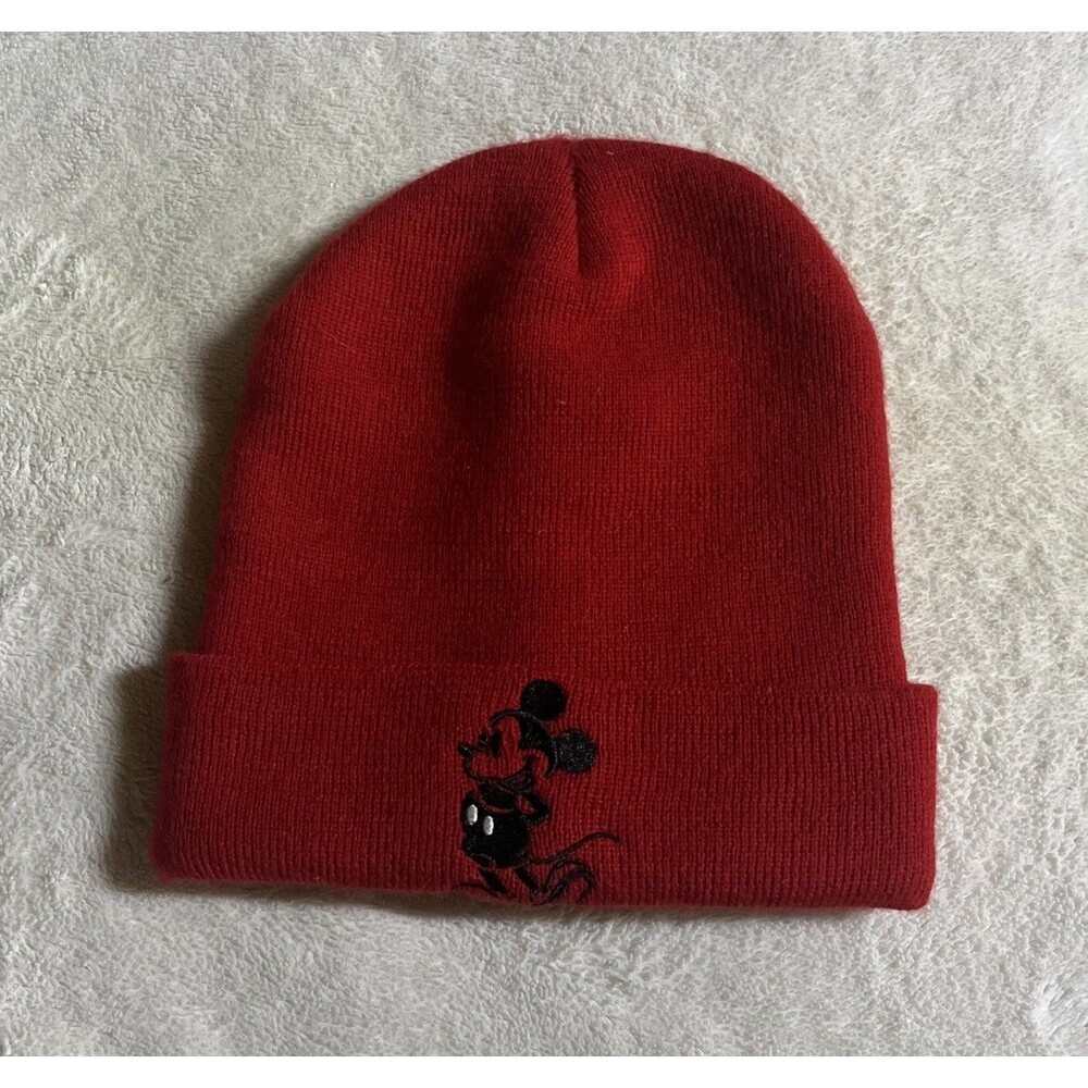 Disney Micky Mouse Beanie Classic Authentic Adult Red Knit Hat Logo